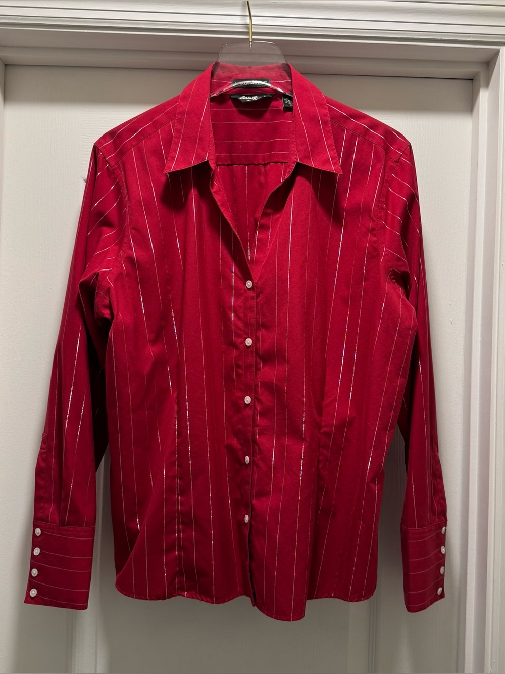 Women’s Red and Silver Stripe Blouse, XL